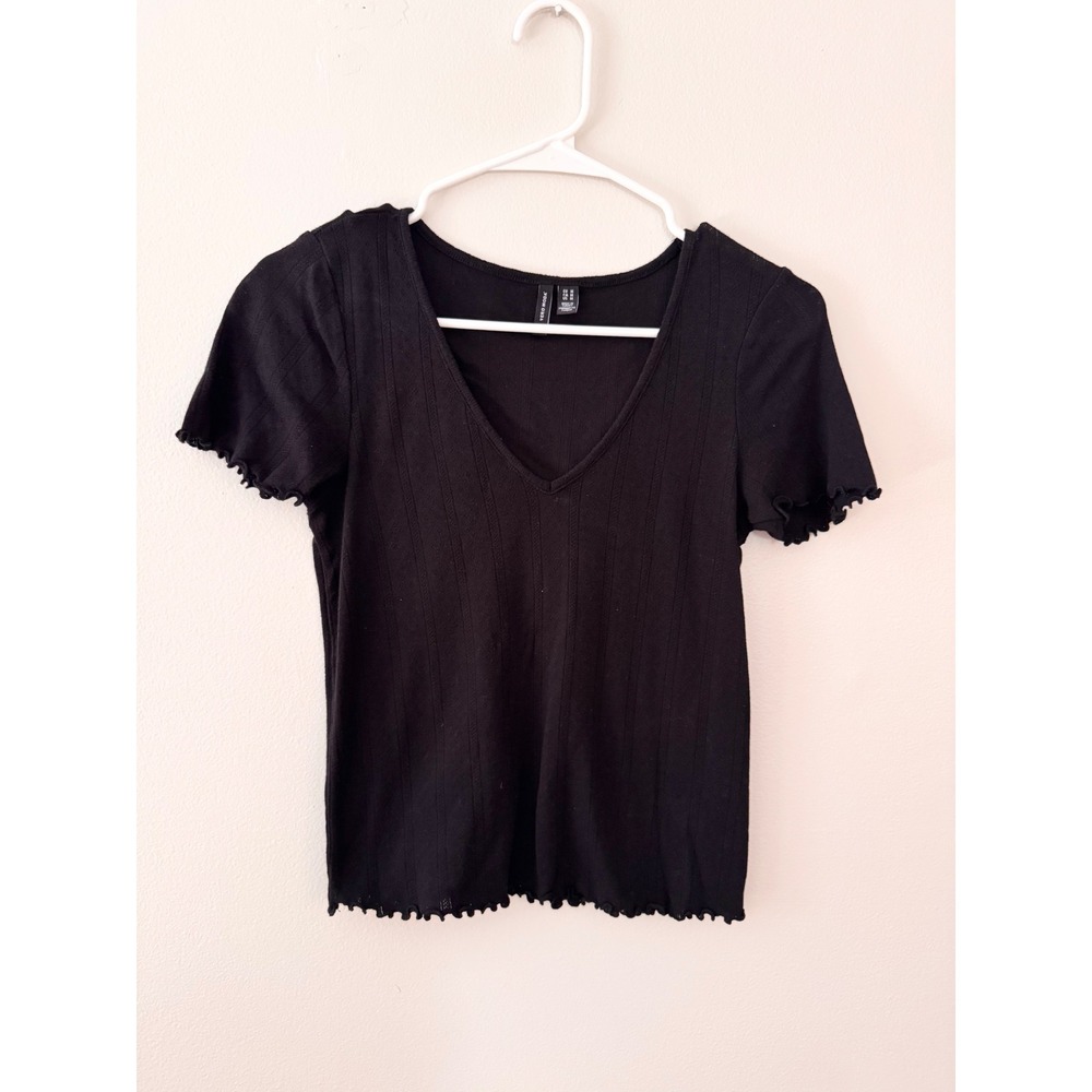 Vero Moda Womens Black Ribbed V-Neck Short Sleeve Lettuce Edge Top Size M
